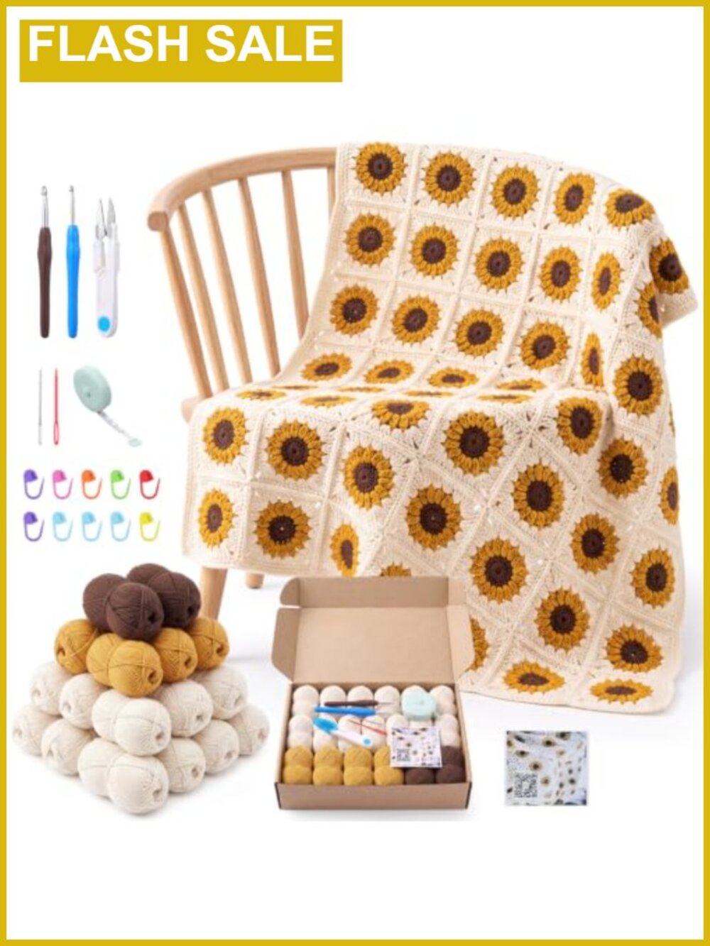 Sunflower Granny Square Crochet Blanket Kit for Beginners, DIY Craft
